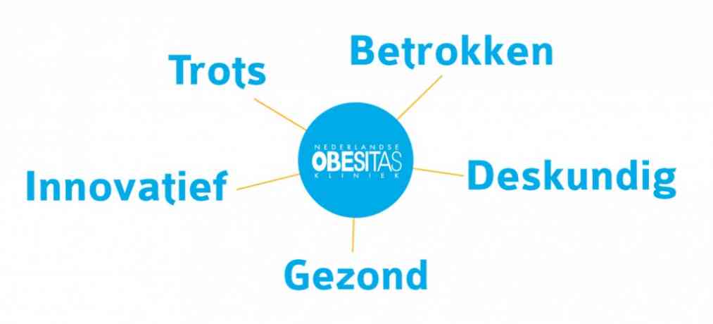 Figuur 1: Kernwaarden Nederlandse Obesitas Kliniek: Betrokken, Trots, Deskundig, Innovatief, Gezond